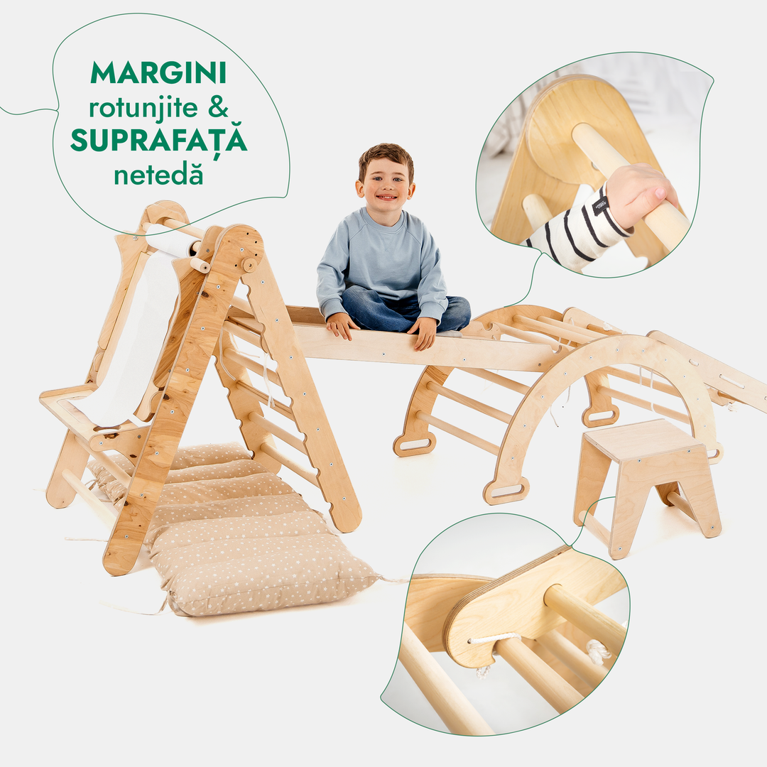 Set de cățărat Montessori 6 în 1:scară triunghiulară + Arc/balansoar + Tobogan/Rampă + Plasă + Pernă + Sevalet