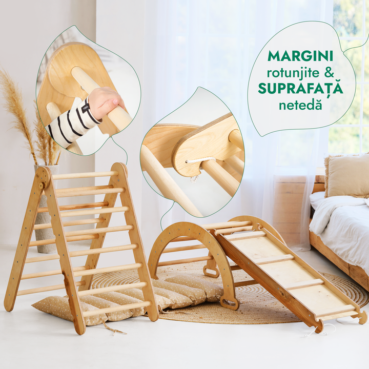 Set de cățărat Montessori 4 în 1: scară triunghiulară + Arc de cățărat + Tobogan și pernă