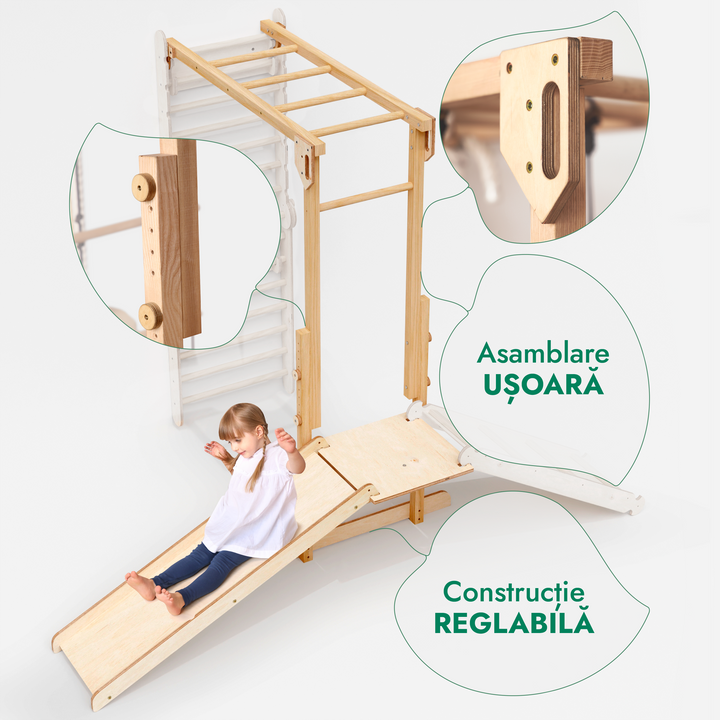 Set de joacă Junglă 7 în 1 pentru copii: Spalier de gimnastică + bare de cățărat + set cu leagăn + tobogan + rampă