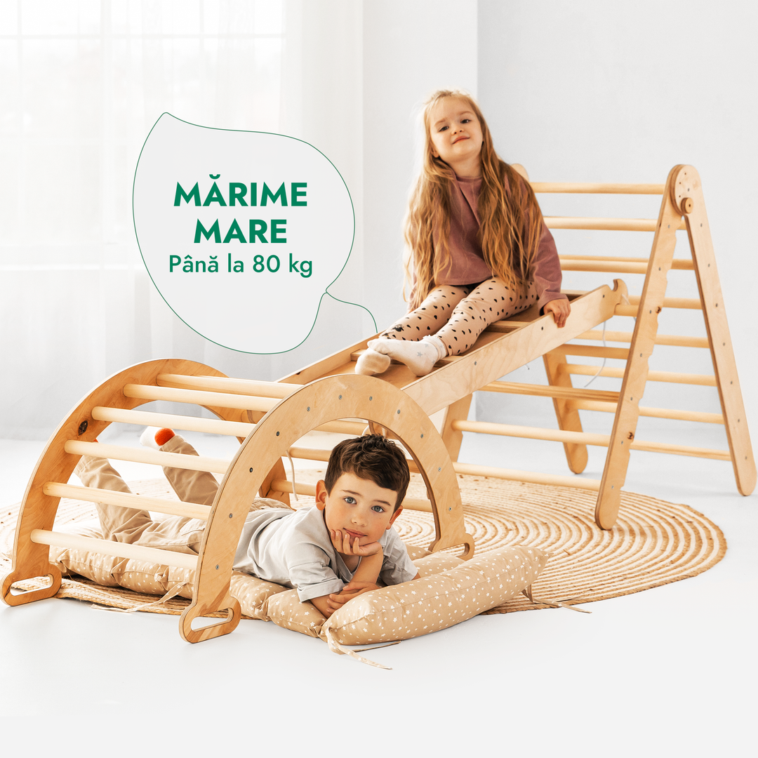 Set de cățărat Montessori 4 în 1: scară triunghiulară + Arc de cățărat + Tobogan și pernă