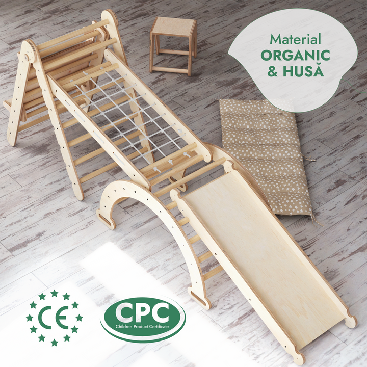 Set de cățărat Montessori 6 în 1:scară triunghiulară + Arc/balansoar + Tobogan/Rampă + Plasă + Pernă + Sevalet