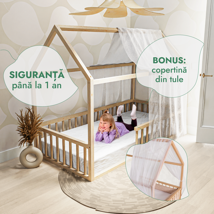 Pat cu protecție pentru căsuță Montessori pentru copii mici