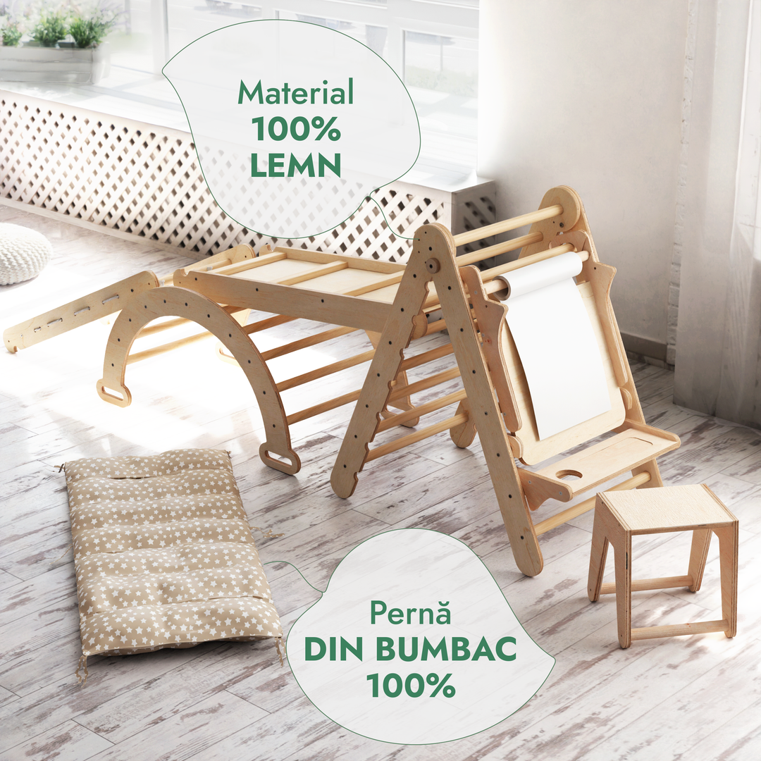 Set de cățărat Montessori 6 în 1:scară triunghiulară + Arc/balansoar + Tobogan/Rampă + Plasă + Pernă + Sevalet