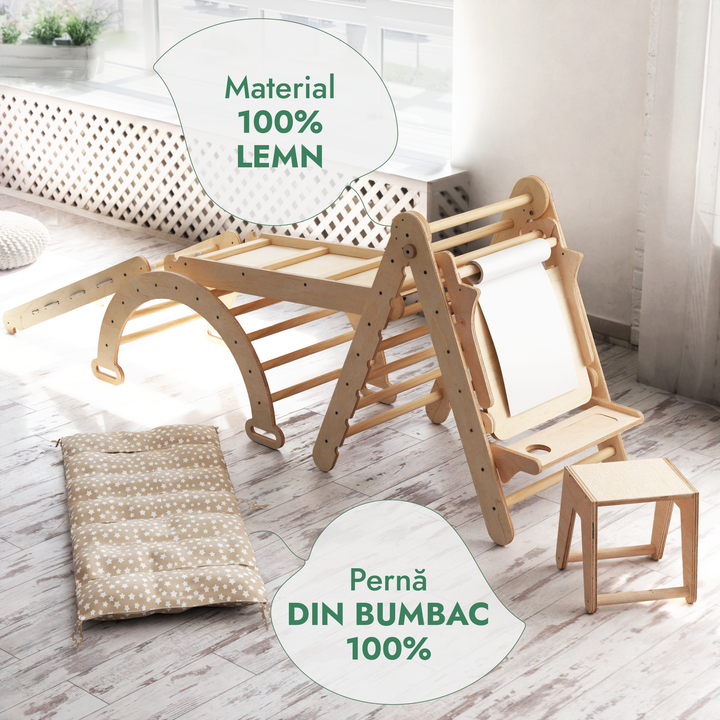 Set de cățărat Montessori 6 în 1:scară triunghiulară + Arc/balansoar + Tobogan/Rampă + Plasă + Pernă + Sevalet