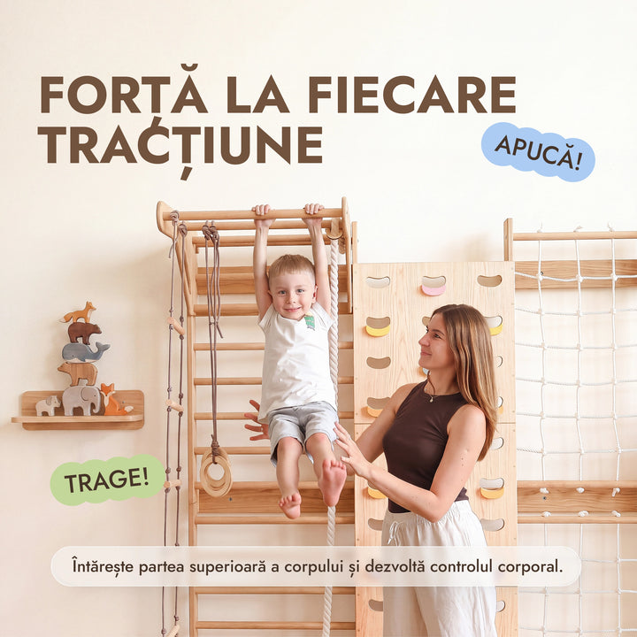 Complex Multifuncțional 7 în 1 pentru copii: perete de escaladă complet echipat: spalier suedez, plasă de cățărare, bară de tracțiuni și leagăn versatil 3 în 1.
