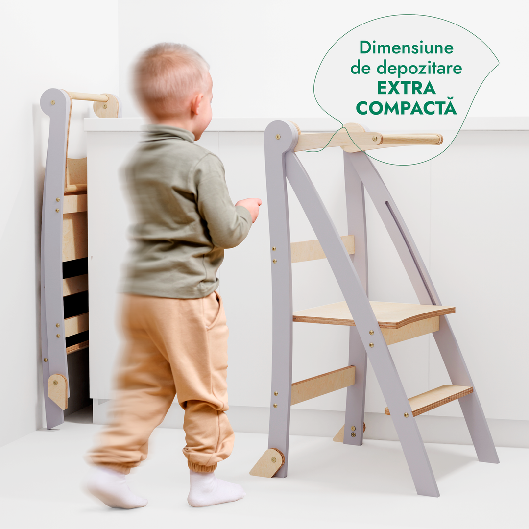 Turn de învățare: Scaun cu treaptă pliabilă pentru copii mici – Gri