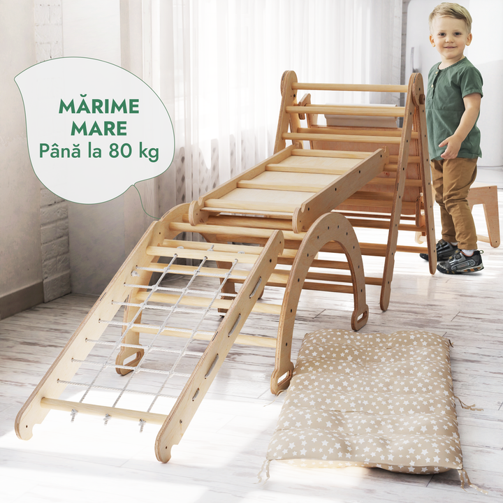Set de cățărat Montessori 6 în 1:scară triunghiulară + Arc/balansoar + Tobogan/Rampă + Plasă + Pernă + Sevalet