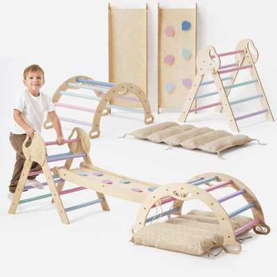 Set de cățărare Montessori 5-în-1: Triunghi Pikler, Arc, Placă de alunecare și Pernă pentru copii mici (1–3 ani) – Pastel