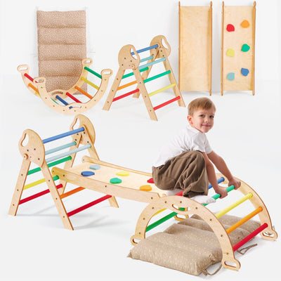 Set de cățărare Montessori 5-în-1: Triunghi Pikler, Arc, Placă de alunecare și Pernă pentru copii mici (1–3 ani) – Curcubeu