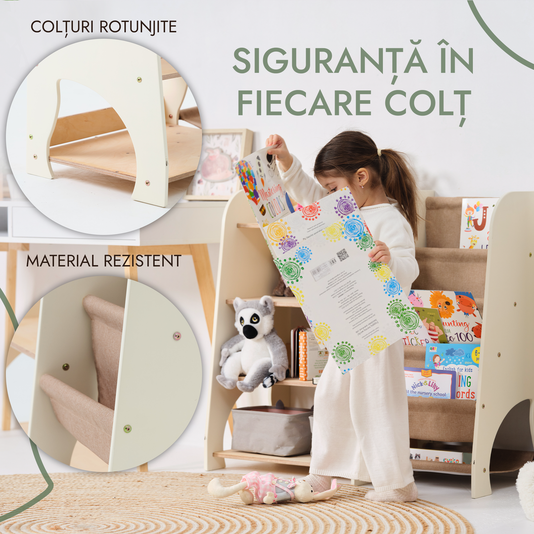 Rafturi Montessori din lemn 2 în 1: Rafturi pentru cărți sau jucării