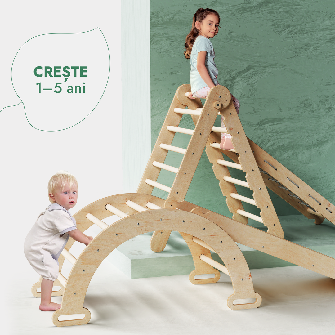 Set de cățărat Montessori 4 în 1: Scară triunghiulară + Arc de cățărat + Tobogan + Plasă