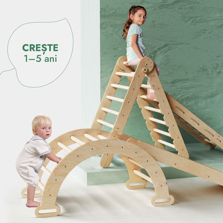 Set de cățărat Montessori 4 în 1: Scară triunghiulară + Arc de cățărat + Tobogan + Plasă