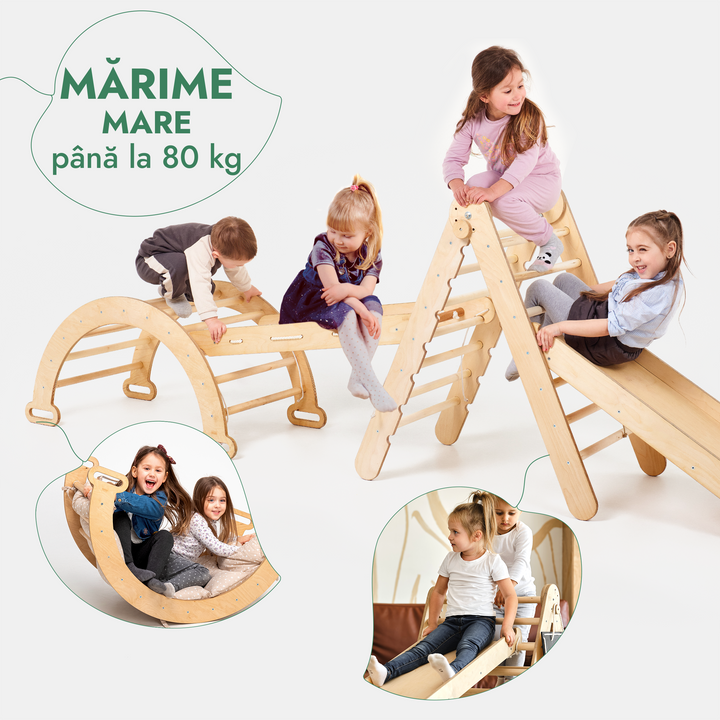 Set de cățărat Montessori 4 în 1: Scară triunghiulară + Arc de cățărat + Tobogan + Plasă