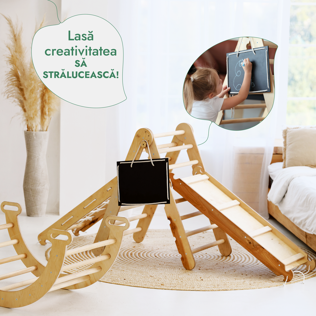 Set de cățărat Montessori 4 în 1: Scară triunghiulară + Arc de cățărat + Tobogan + Plasă
