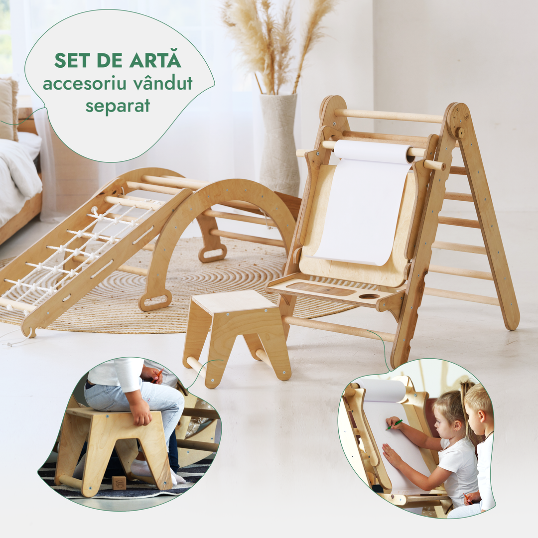 Set de cățărat Montessori 4 în 1: Scară triunghiulară + Arc de cățărat + Tobogan + Plasă