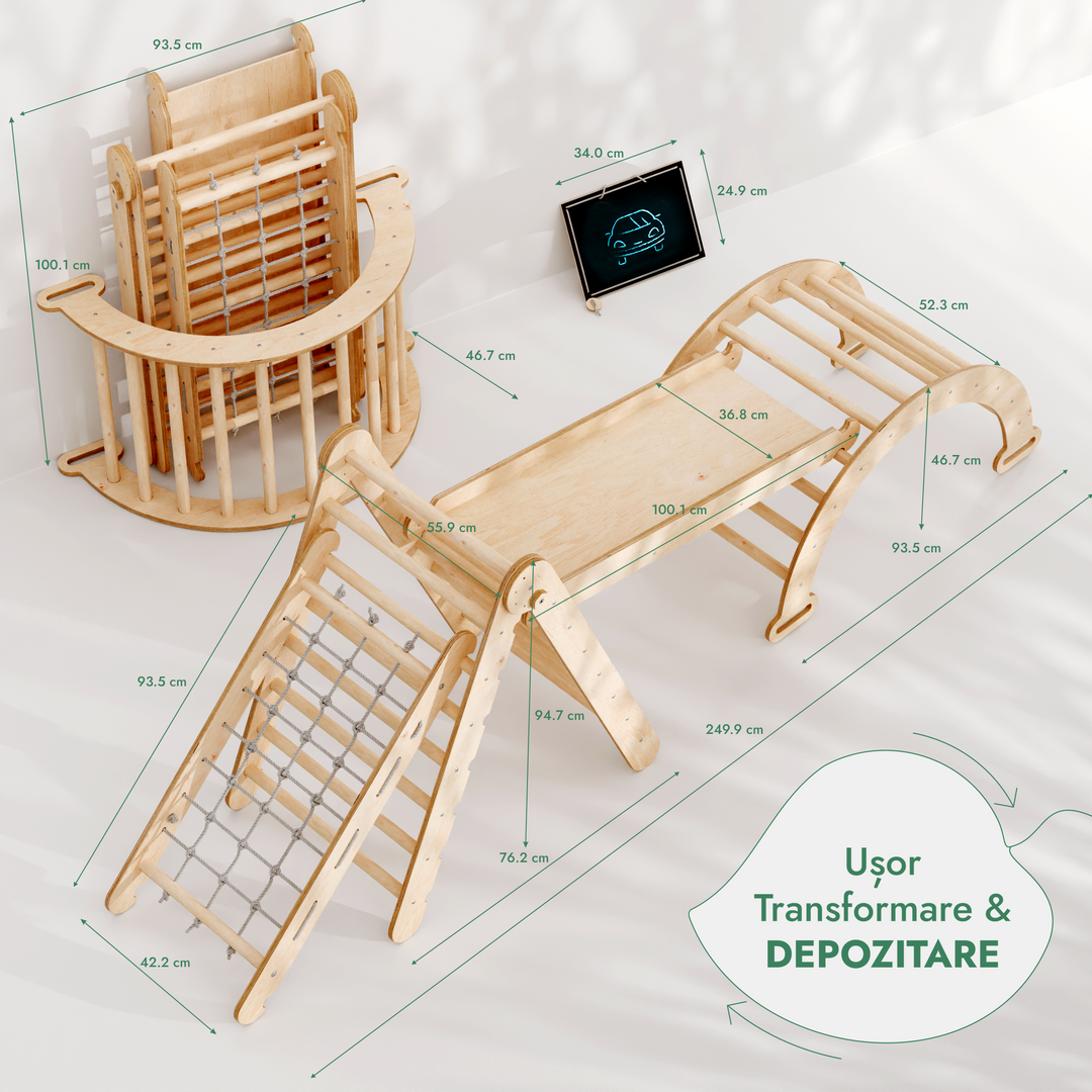 Set de cățărat Montessori 4 în 1: Scară triunghiulară + Arc de cățărat + Tobogan + Plasă