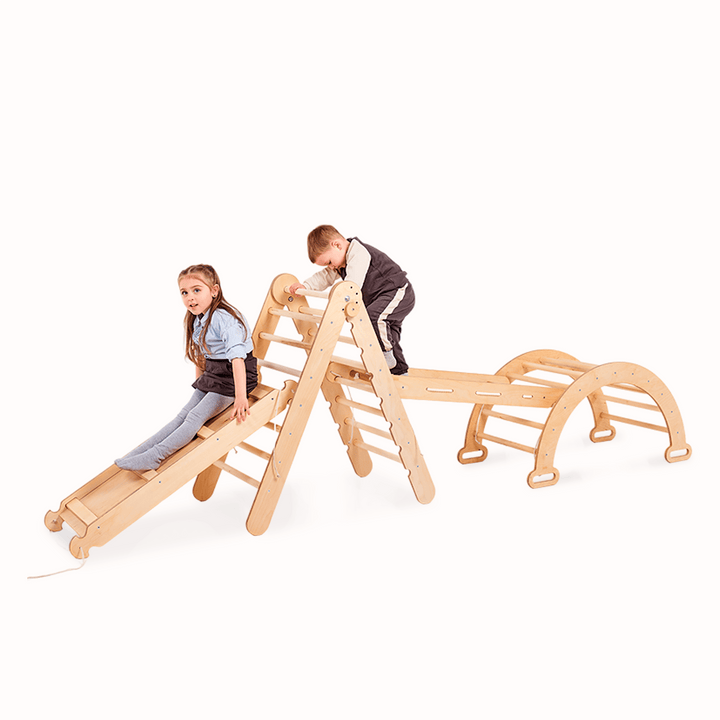 Set de cățărat Montessori 4 în 1: Scară triunghiulară + Arc de cățărat + Tobogan + Plasă
