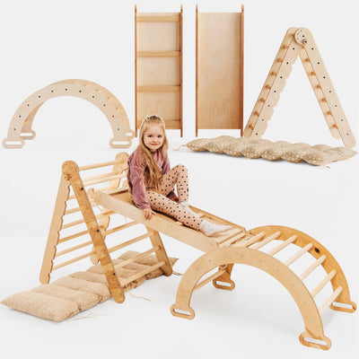 Set de cățărat Montessori 4 în 1: scară triunghiulară + Arc de cățărat + Tobogan și pernă