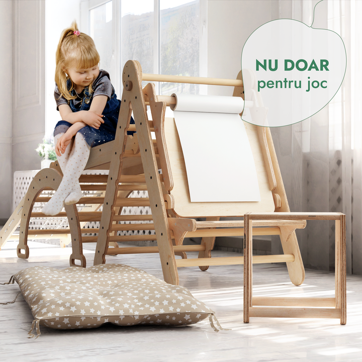 Set de cățărat Montessori 6 în 1:scară triunghiulară + Arc/balansoar + Tobogan/Rampă + Plasă + Pernă + Sevalet