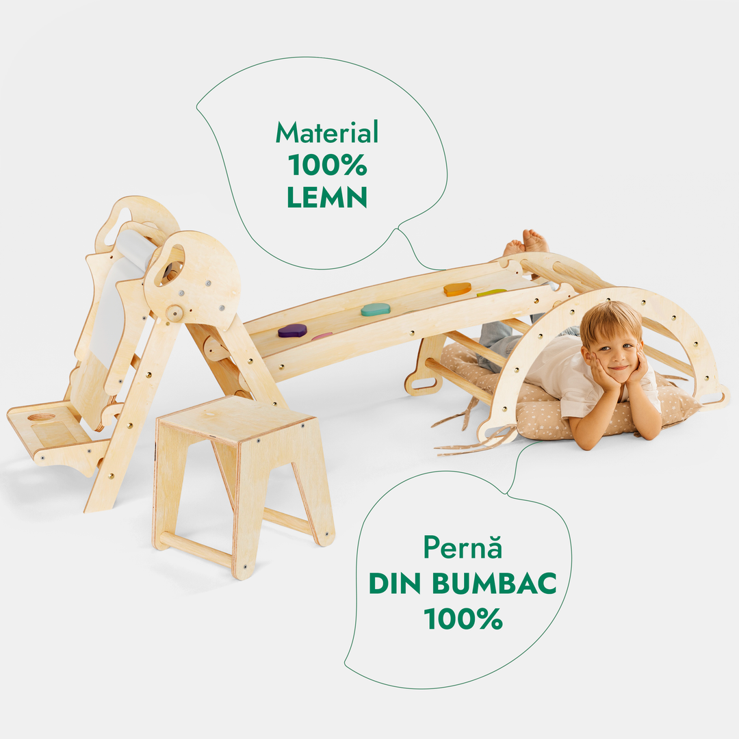 Set de cățărat Montessori 5 în 1: scară triunghiulară + arc de cățărat + tobogan + pernă + гmelecký doplnok