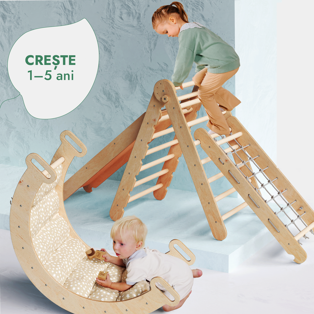 Set de cățărare Montessori 5 în 1: Triunghi Pikler + Arc/Balansoar + Tobogan/Rampă + Plasă de cățărare + Pernă