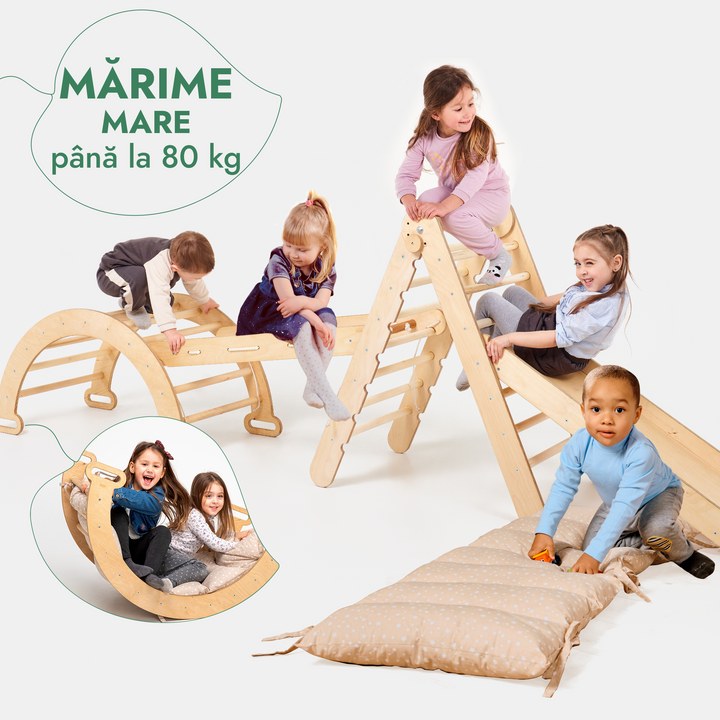 Set de cățărare Montessori 5 în 1: Triunghi Pikler + Arc/Balansoar + Tobogan/Rampă + Plasă de cățărare + Pernă