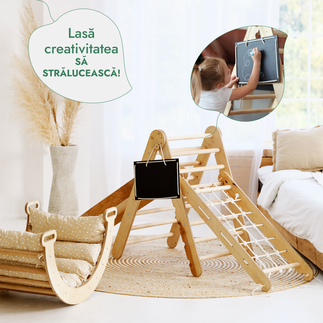 Set de cățărare Montessori 5 în 1: Triunghi Pikler + Arc/Balansoar + Tobogan/Rampă + Plasă de cățărare + Pernă