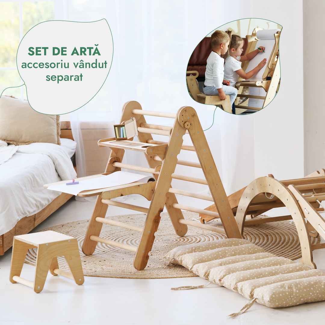 Set de cățărare Montessori 5 în 1: Triunghi Pikler + Arc/Balansoar + Tobogan/Rampă + Plasă de cățărare + Pernă