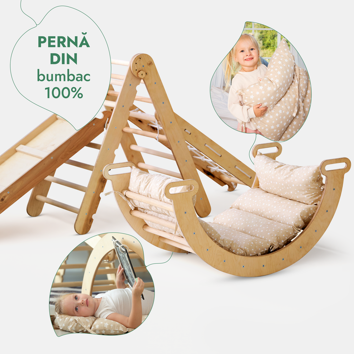 Set de cățărare Montessori 5 în 1: Triunghi Pikler + Arc/Balansoar + Tobogan/Rampă + Plasă de cățărare + Pernă