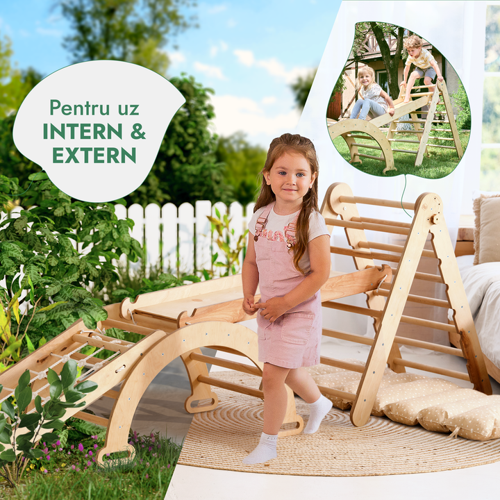 Set de cățărare Montessori 5 în 1: Triunghi Pikler + Arc/Balansoar + Tobogan/Rampă + Plasă de cățărare + Pernă