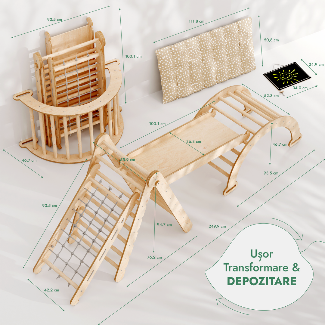 Set de cățărare Montessori 5 în 1: Triunghi Pikler + Arc/Balansoar + Tobogan/Rampă + Plasă de cățărare + Pernă