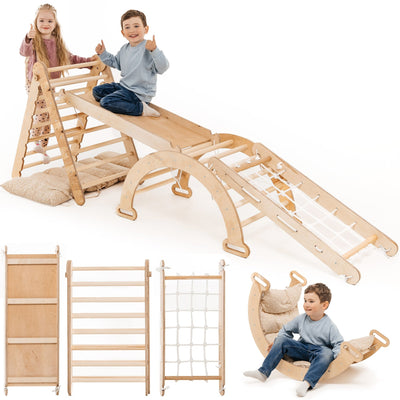 Set de cățărare Montessori 5 în 1: Triunghi Pikler + Arc/Balansoar + Tobogan/Rampă + Plasă de cățărare + Pernă