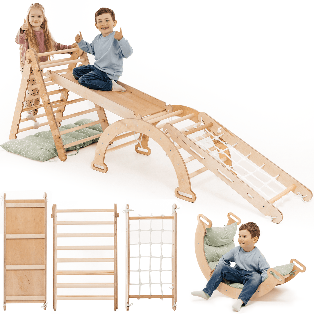 Set de cățărare Montessori 5 în 1: Triunghi Pikler + Arc/Balansoar + Tobogan/Rampă + Plasă de cățărare + Pernă