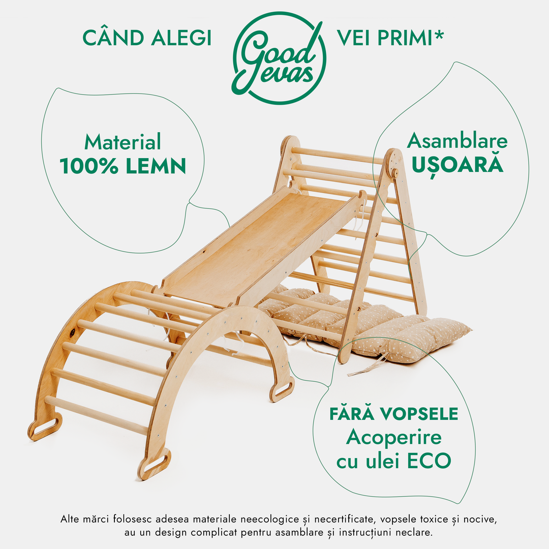 Set de cățărat Montessori 4 în 1: scară triunghiulară + Arc de cățărat + Tobogan și pernă