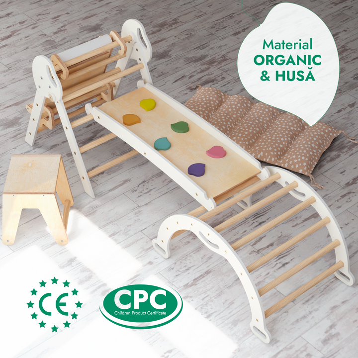 Set de cățărat Montessori 5 în 1: scară triunghiulară + arc de cățărat + tobogan + pernă + гmelecký doplnok