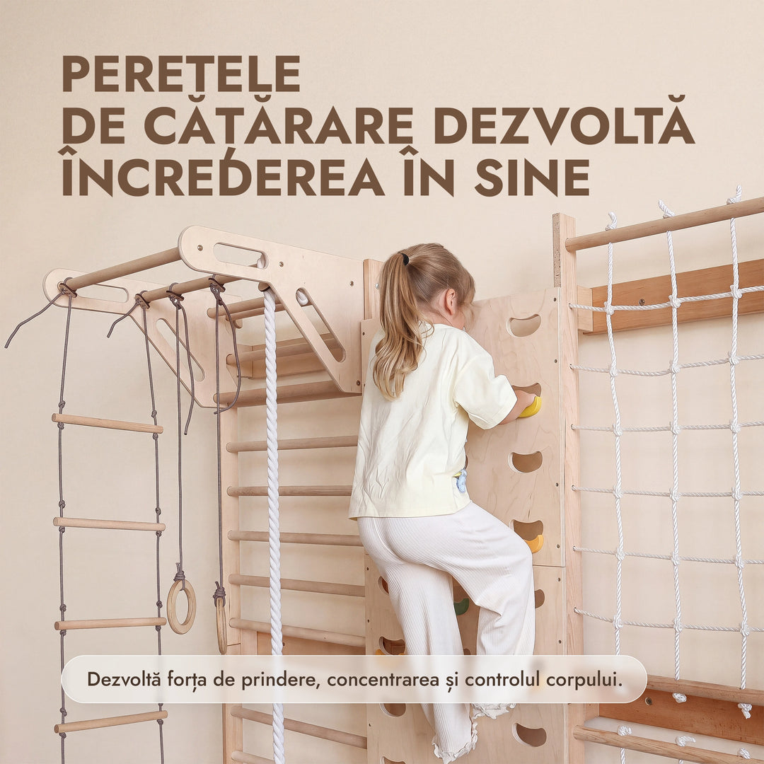 Complex Multifuncțional 7 în 1 pentru copii: perete de escaladă complet echipat: spalier suedez, plasă de cățărare, bară de tracțiuni și leagăn versatil 3 în 1.