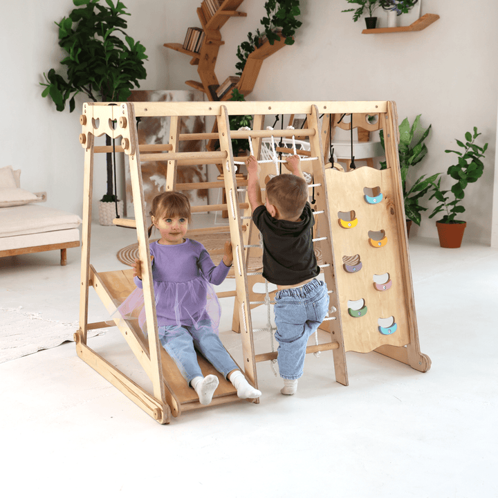 Set de gimnastică Jungle 6 în 1 pentru copii: Loc de joacă + set de leagăne + tobogan + frânghie + scări