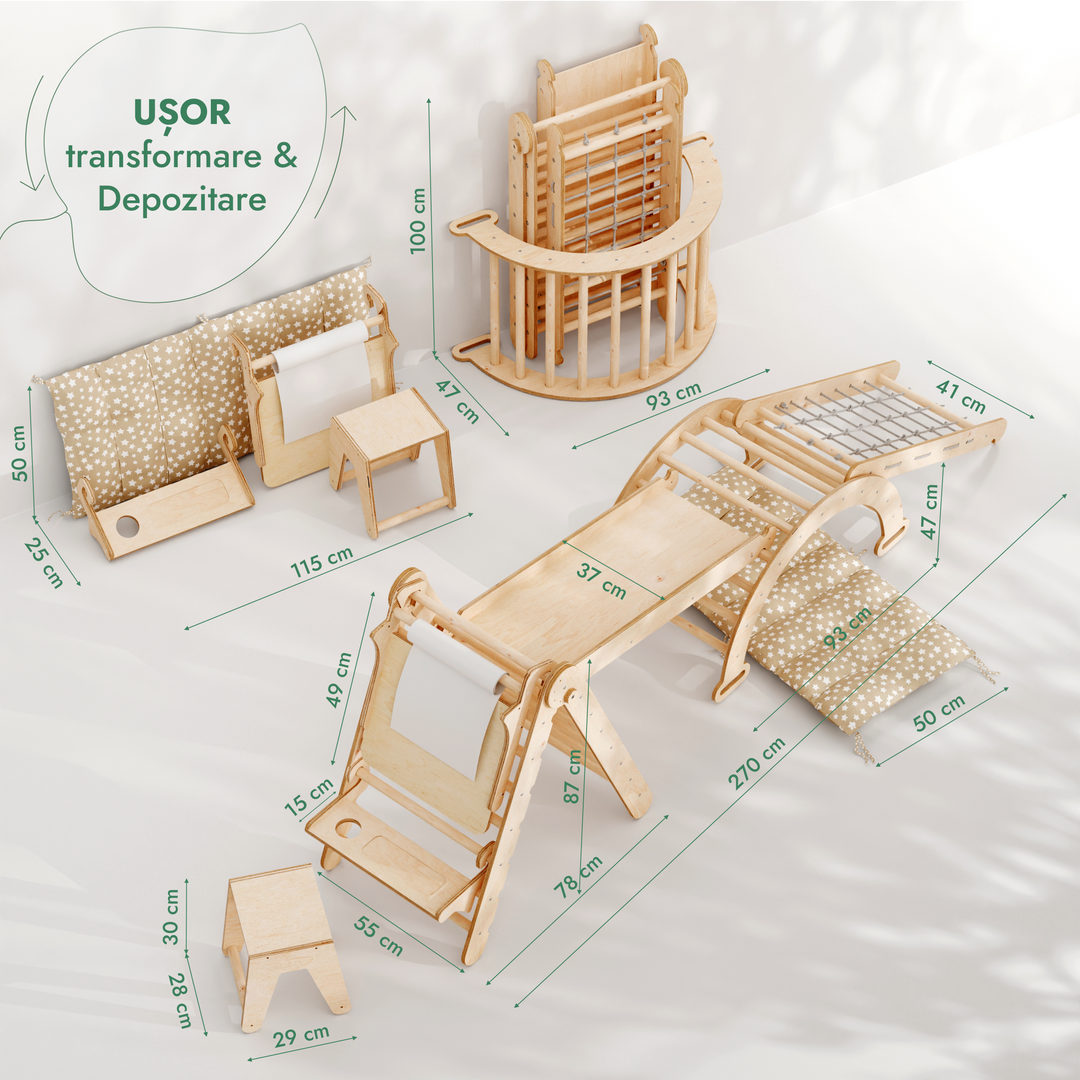 Set de cățărat Montessori 6 în 1:scară triunghiulară + Arc/balansoar + Tobogan/Rampă + Plasă + Pernă + Sevalet