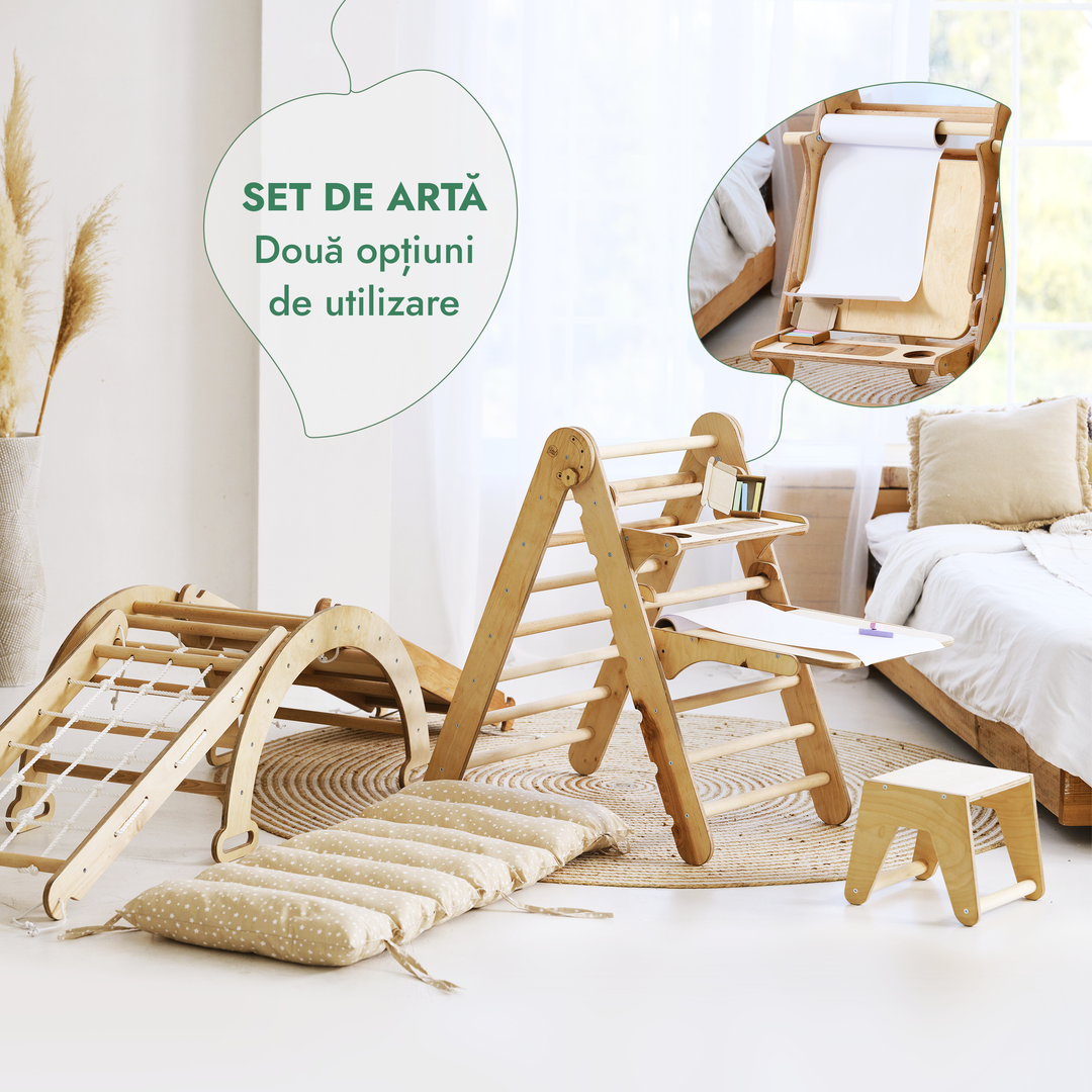 Set de cățărat Montessori 6 în 1:scară triunghiulară + Arc/balansoar + Tobogan/Rampă + Plasă + Pernă + Sevalet