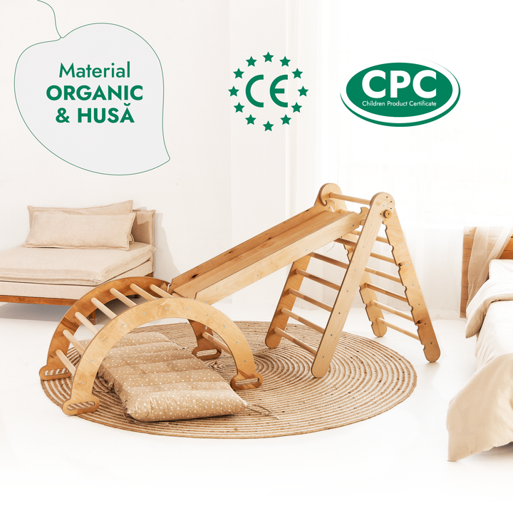 Set de cățărat Montessori 4 în 1: scară triunghiulară + Arc de cățărat + Tobogan și pernă