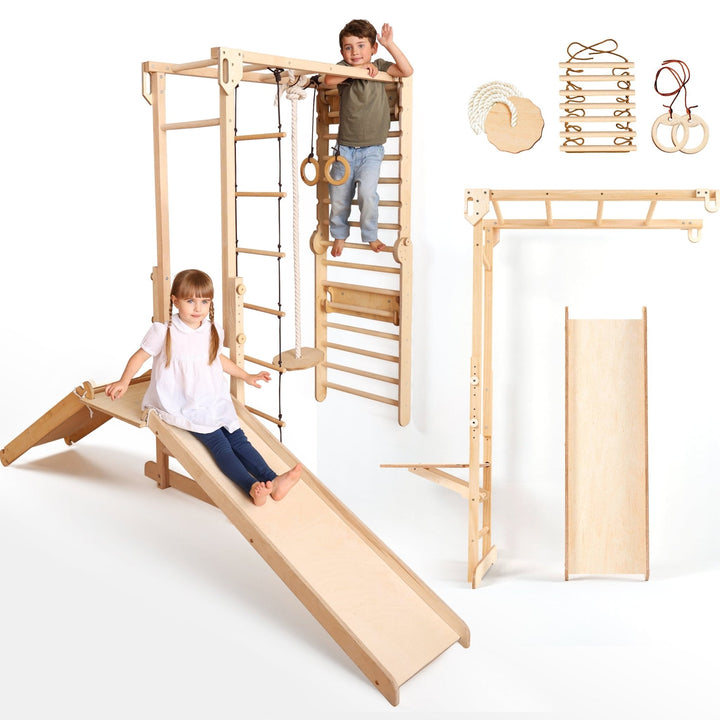 Set de joacă Junglă 7 în 1 pentru copii: Spalier de gimnastică + bare de cățărat + set cu leagăn + tobogan + rampă