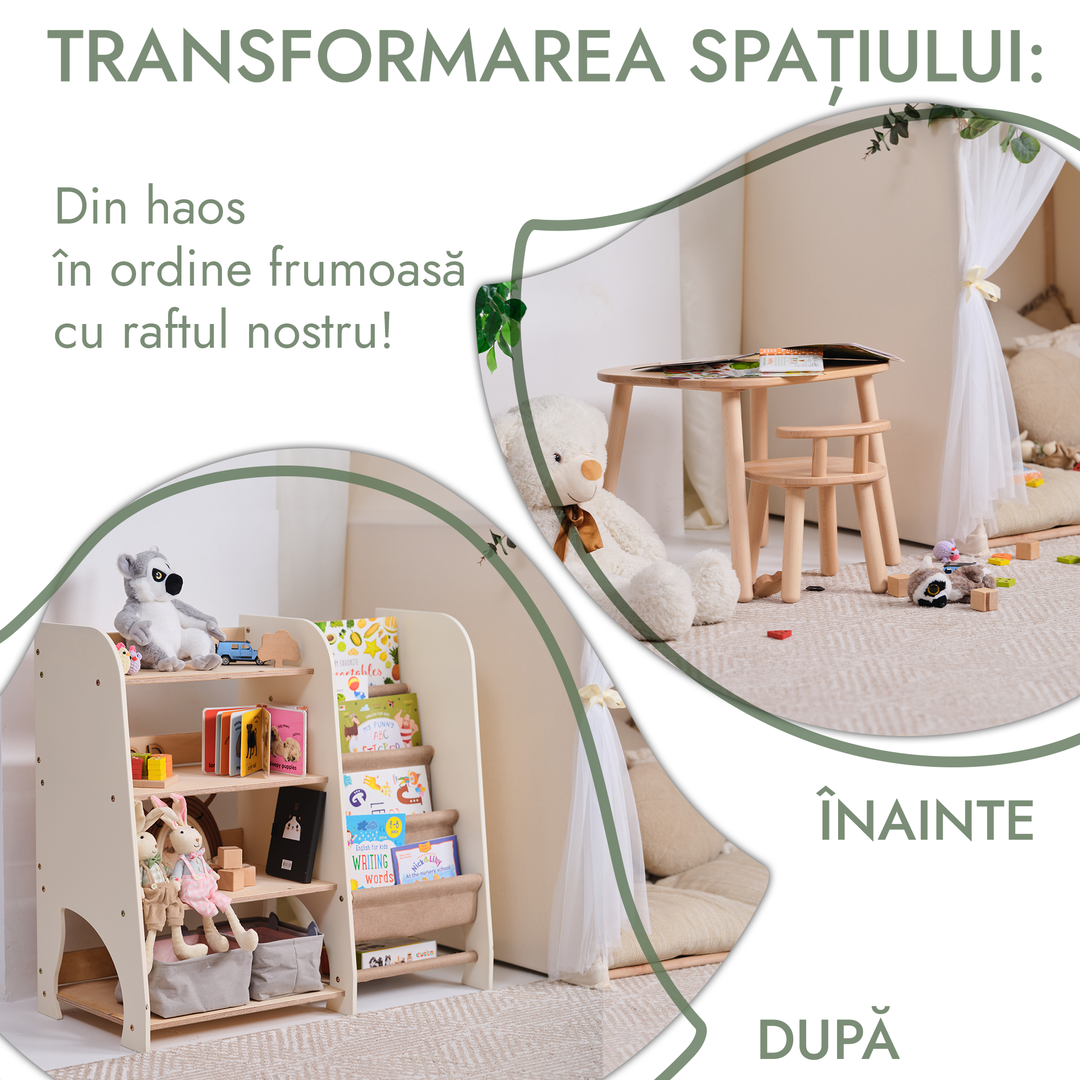 Rafturi Montessori din lemn 2 în 1: Rafturi pentru cărți sau jucării