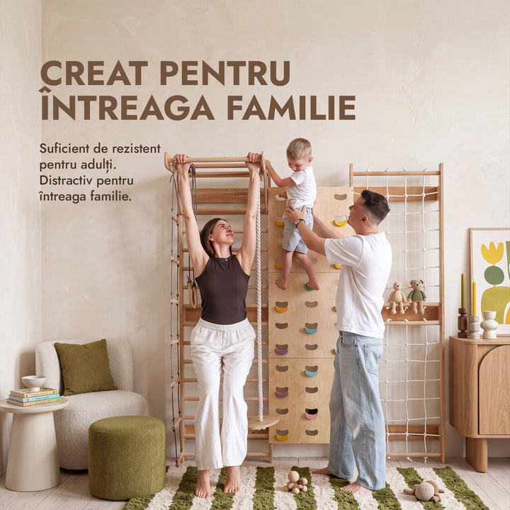 Complex Multifuncțional 7 în 1 pentru copii: perete de escaladă complet echipat: spalier suedez, plasă de cățărare, bară de tracțiuni și leagăn versatil 3 în 1.