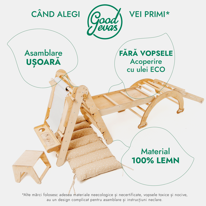 Set de cățărat Montessori 6 în 1:scară triunghiulară + Arc/balansoar + Tobogan/Rampă + Plasă + Pernă + Sevalet