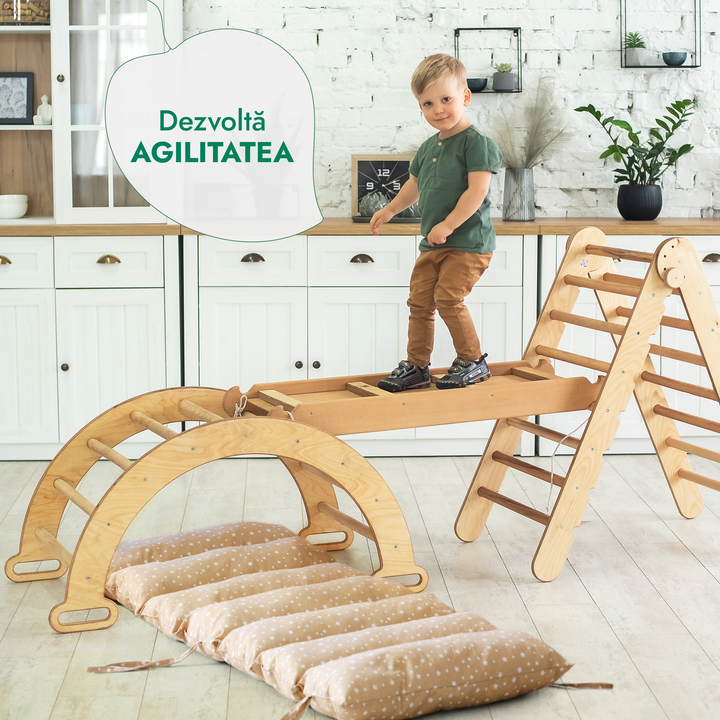 Set de cățărat Montessori 4 în 1: scară triunghiulară + Arc de cățărat + Tobogan și pernă