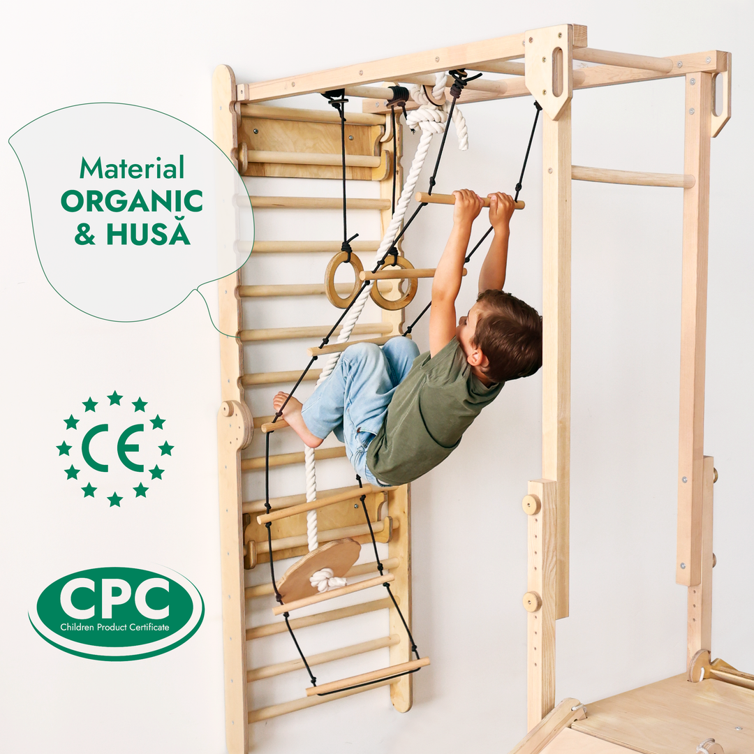 Set de joacă Junglă 7 în 1 pentru copii: Spalier de gimnastică + bare de cățărat + set cu leagăn + tobogan + rampă