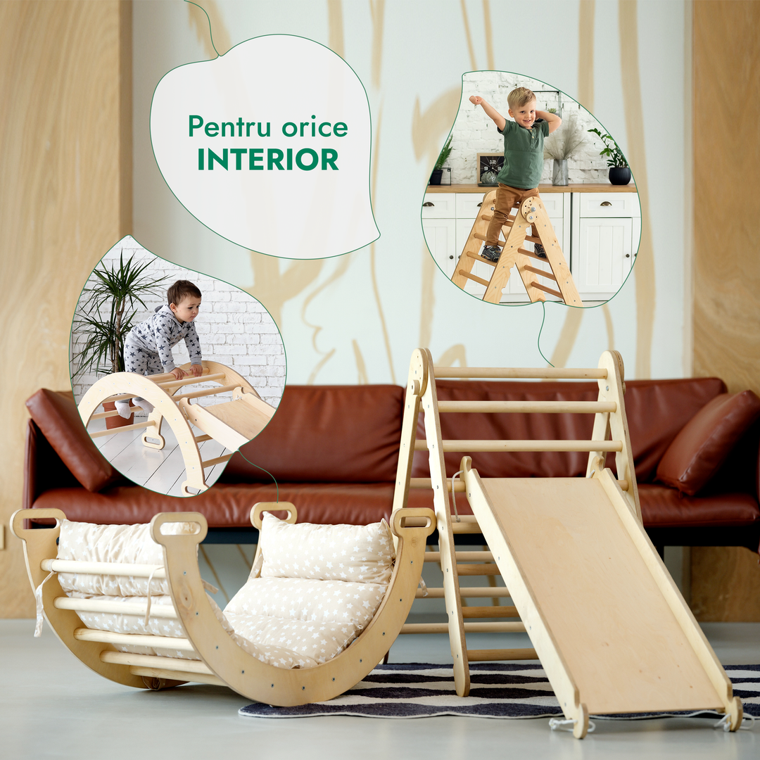 Set de cățărat Montessori 4 în 1: scară triunghiulară + Arc de cățărat + Tobogan și pernă