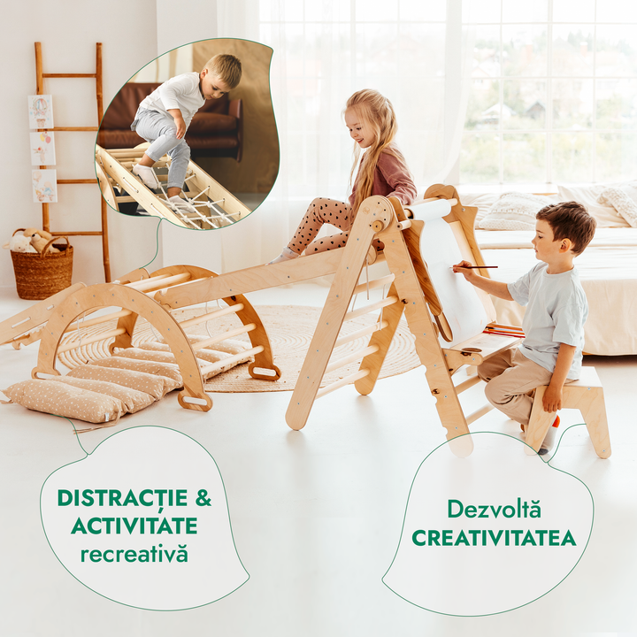 Set de cățărat Montessori 6 în 1:scară triunghiulară + Arc/balansoar + Tobogan/Rampă + Plasă + Pernă + Sevalet