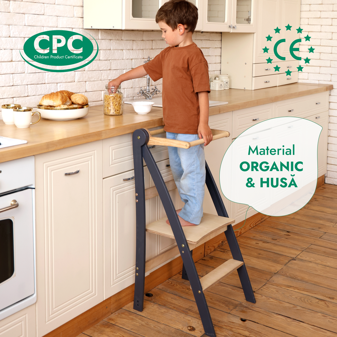 Turn de învățare: Scaun cu treaptă pliabilă pentru copii mici – bej