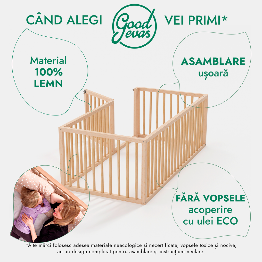 Cadru de pat Montessori cu protecție pentru copii mici